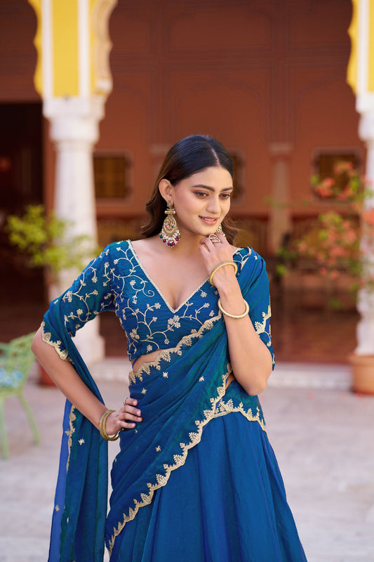 Zari Embroidered Pre-Draped Lehenga Choli Set With Attached Dupatta