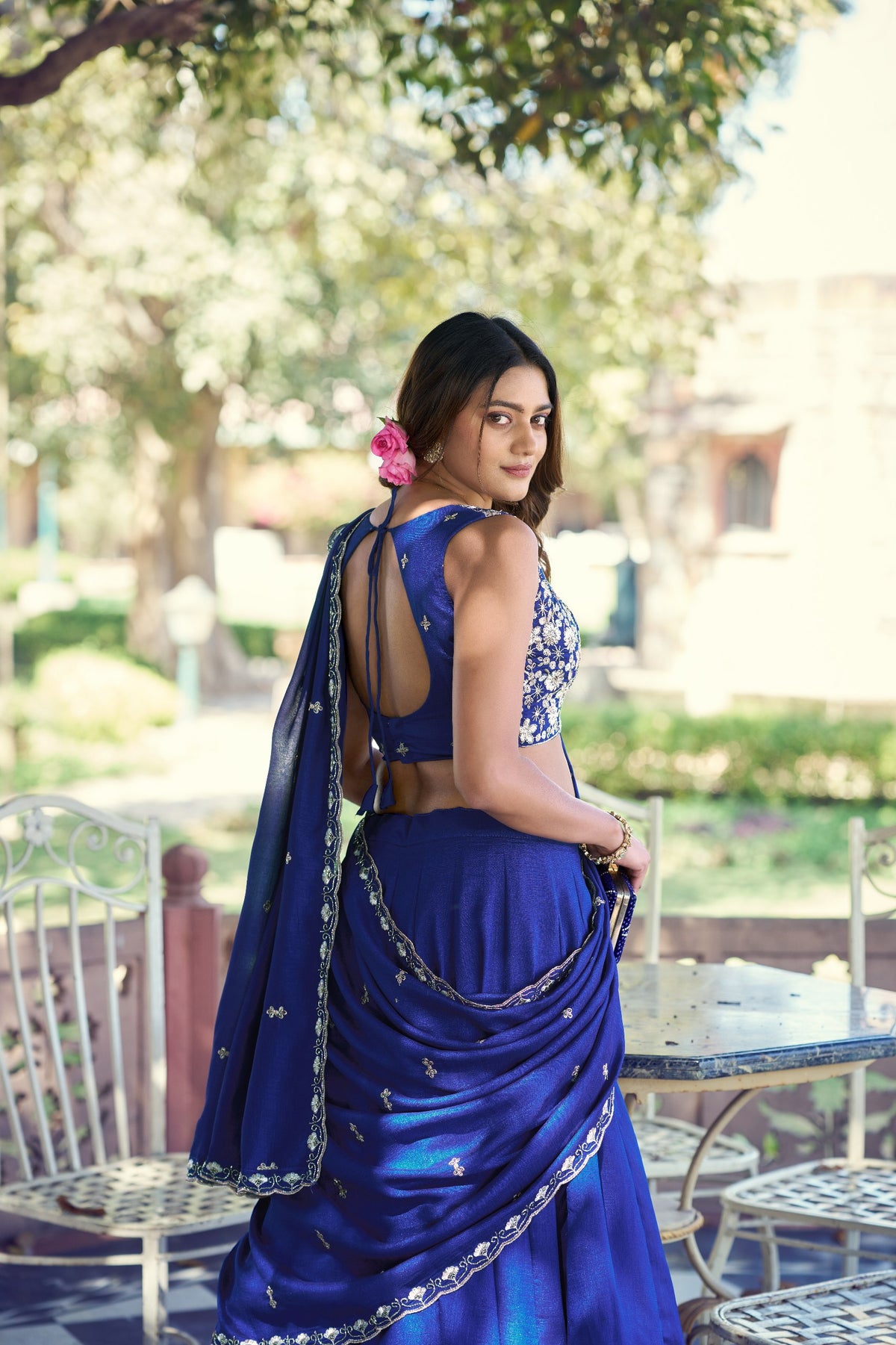 Royal Blue Flared Lehenga Set With Hand Embroidered Blouse And Border Dupatta