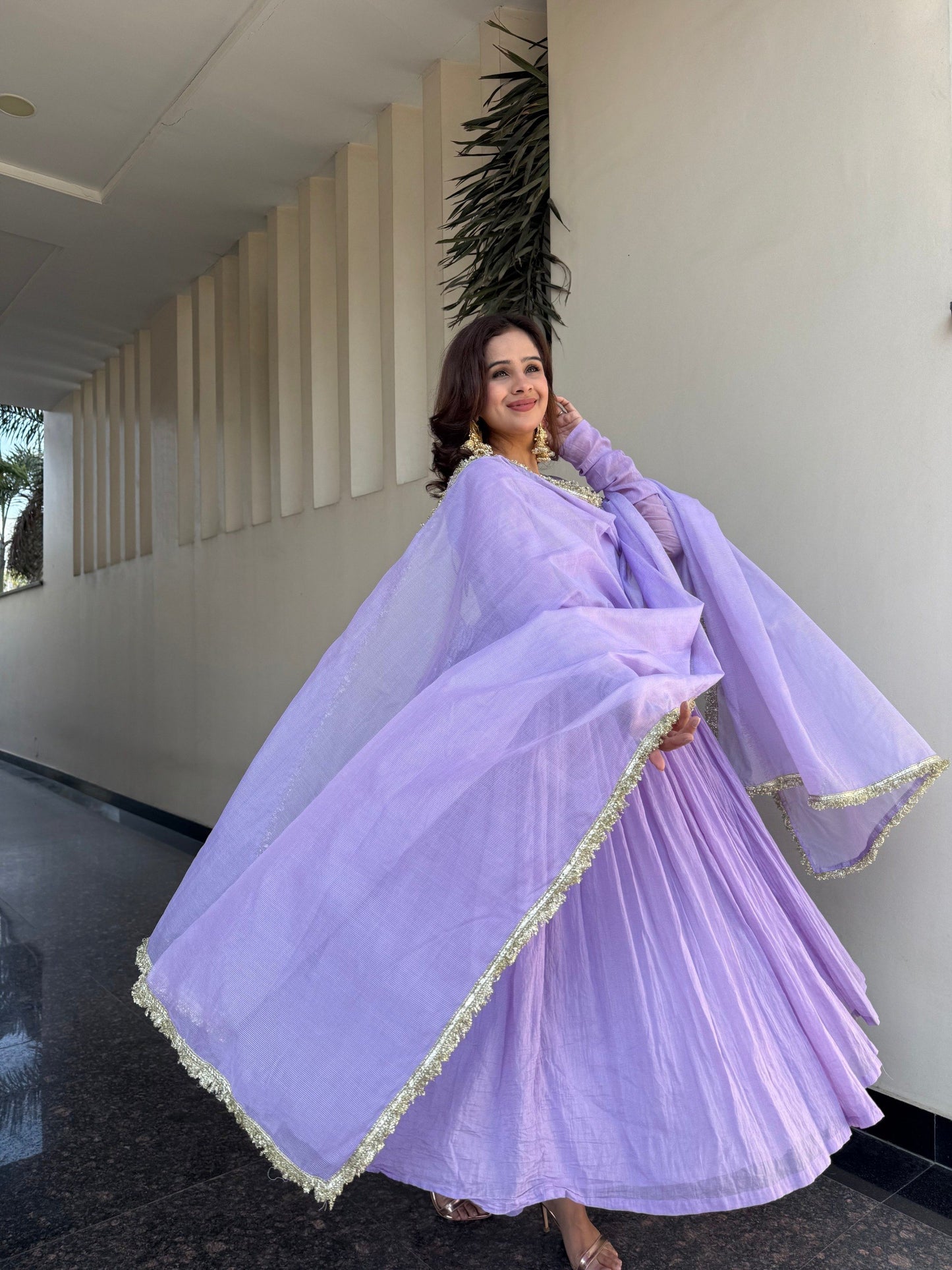 Lavender Cotton Anarkali Set with Dupatta