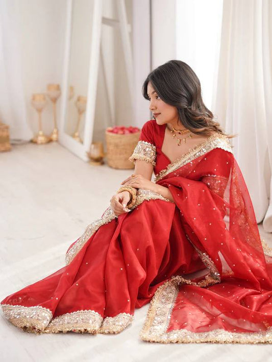 Red Fandy Satin Saree With Gold Embroidery And Mirror Work