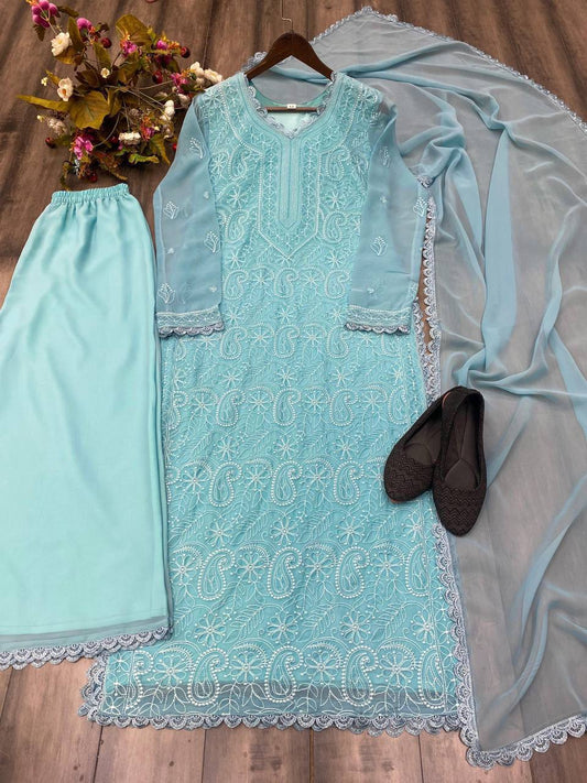 Teal Blue Chikankari Kurti With Lace Detail And Full Length Ethnic Wear