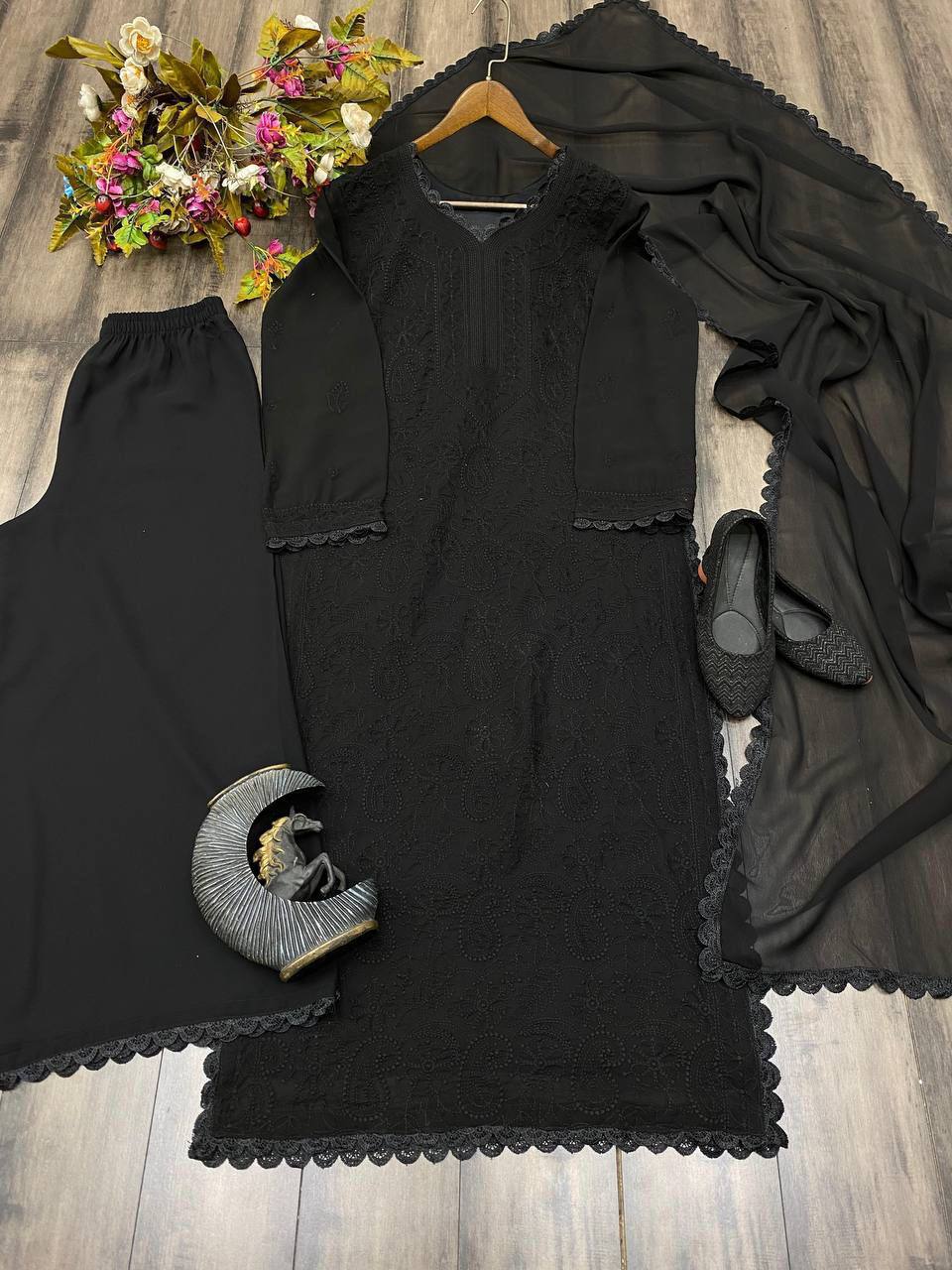 Black Chikankari Kurti With Lace Detail And Full Length Ethnic Wear