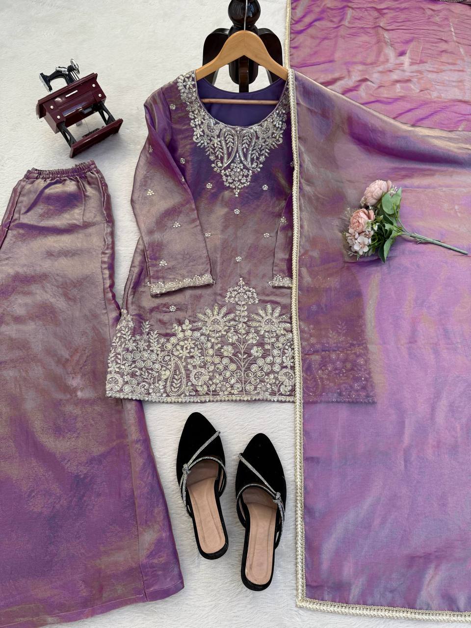 Lavender Silk Plazzo Suit With Heavy Zari And Sequins Embroidery