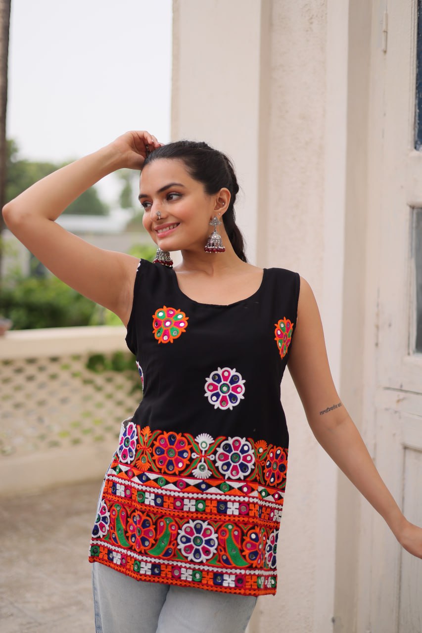 Black Sleeveless Gamthi Embroidered Top with Multicolor Mirror Work