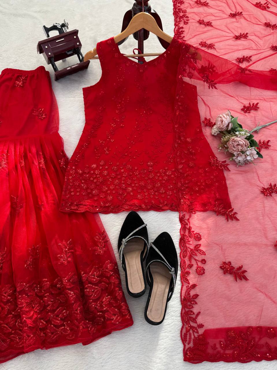 Red Embroidered Net Sharara Suit Set With Sleeveless Top And Dupatta