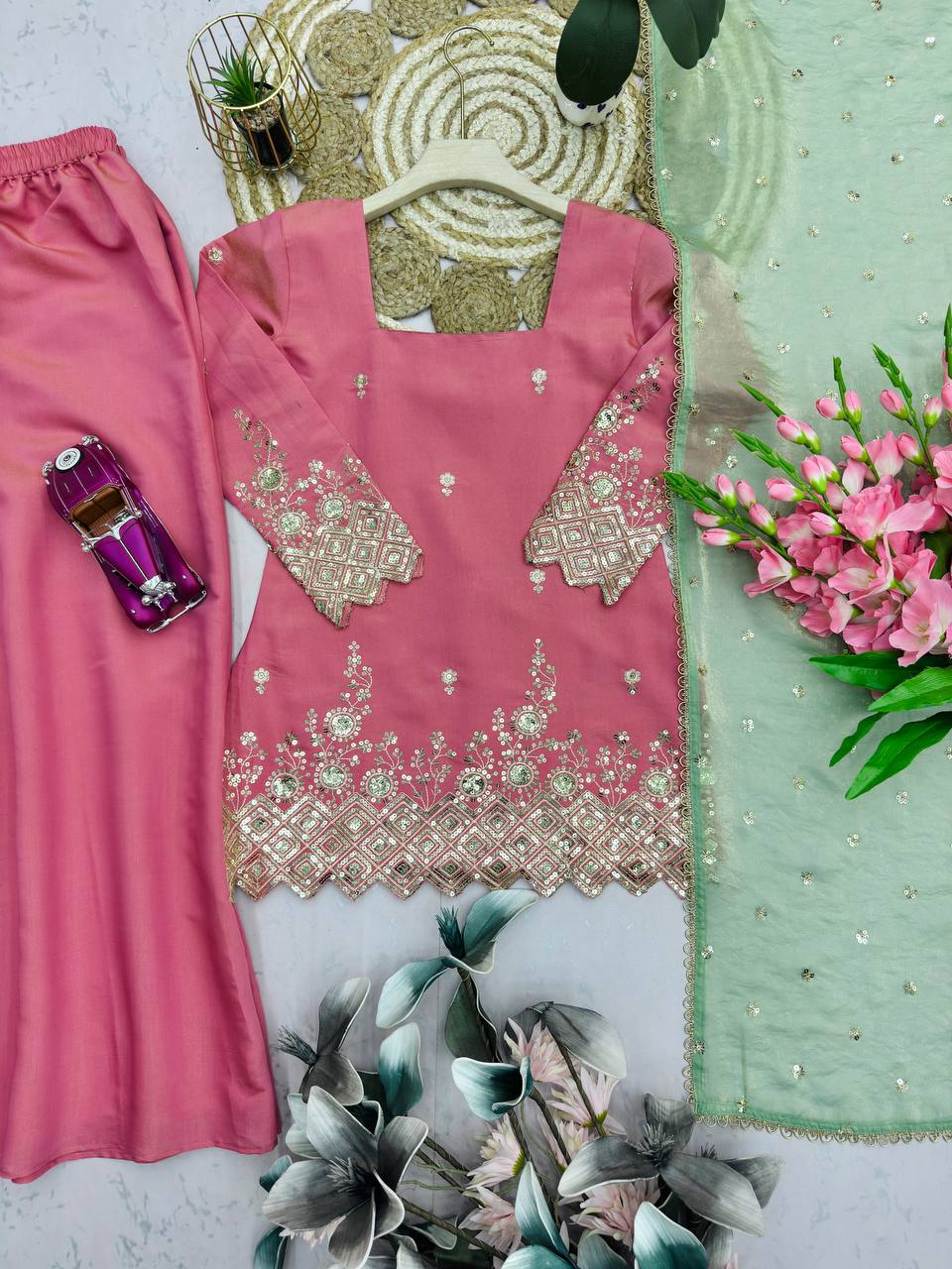 Blush Pink Embroidered Kurta Sharara Set