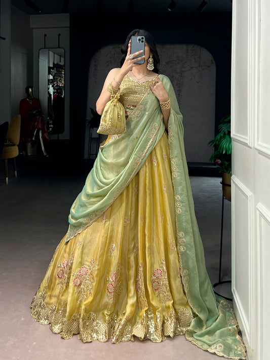 Mustard Yellow Silk Lehenga Choli With Green Embroidered Dupatta