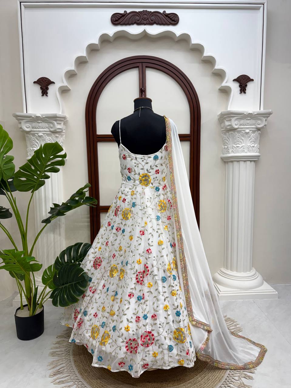 Off White Floral Embroidered Anarkali Gown With Spaghetti Straps And Dupatta