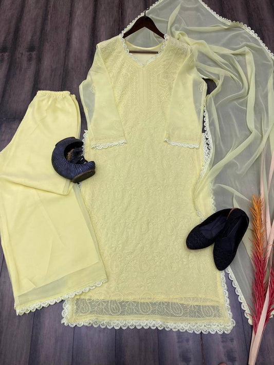 Light Yellow Chikankari Kurti With Lace Detail And Full Length Ethnic Wear