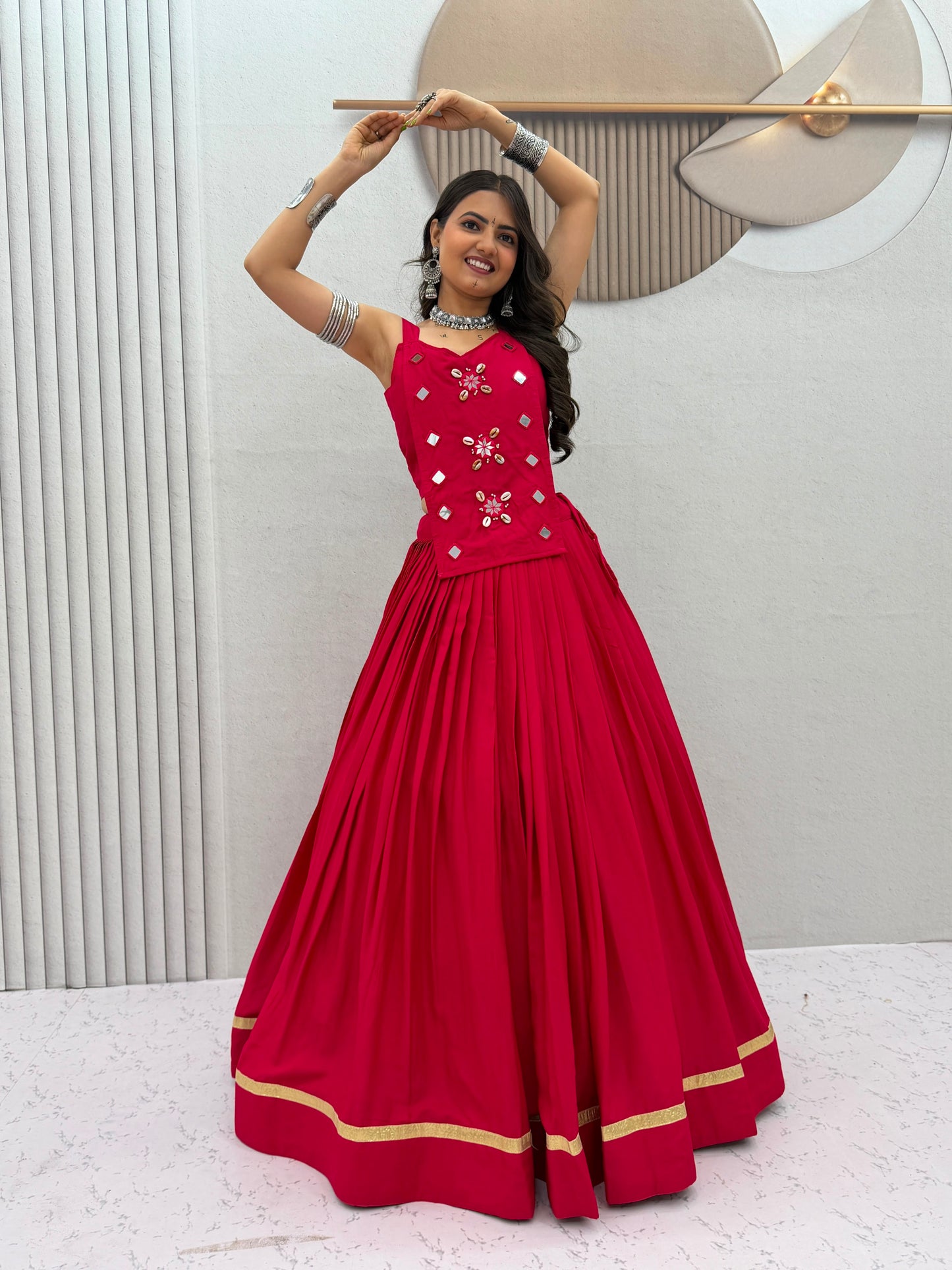 6 Meter Flair Rani Pink Plain Lehenga Choli With Mirror Work Jacket