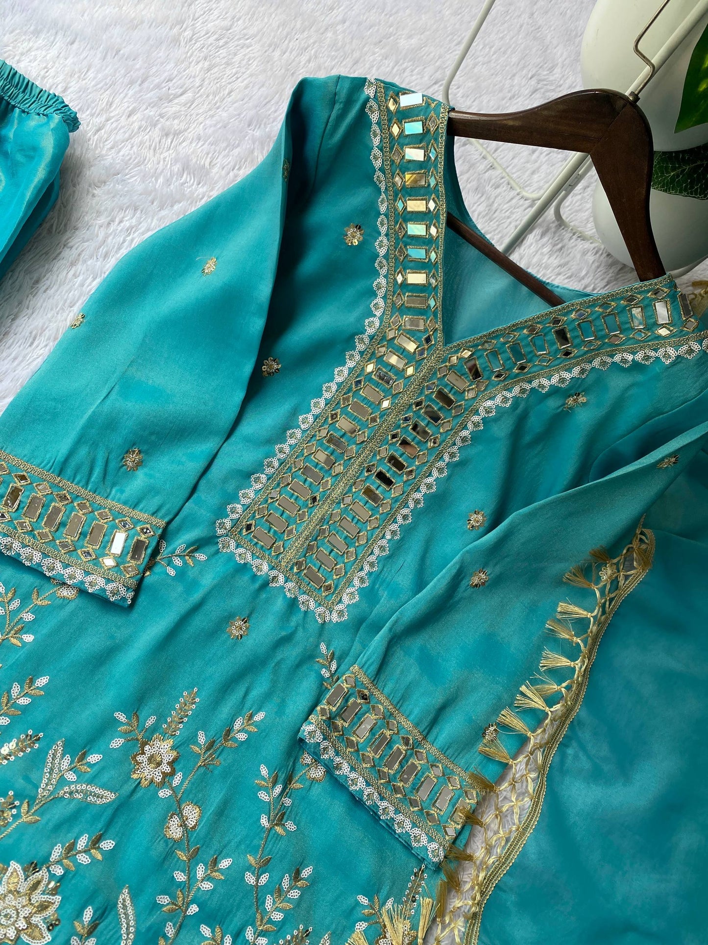 Elegant Embroidery And Mirror Work Sharara Suit With Dupatta