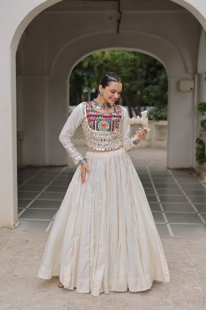 Designer Lehenga With Kutchi Gamthi Embroidered Blouse And Mirror Work