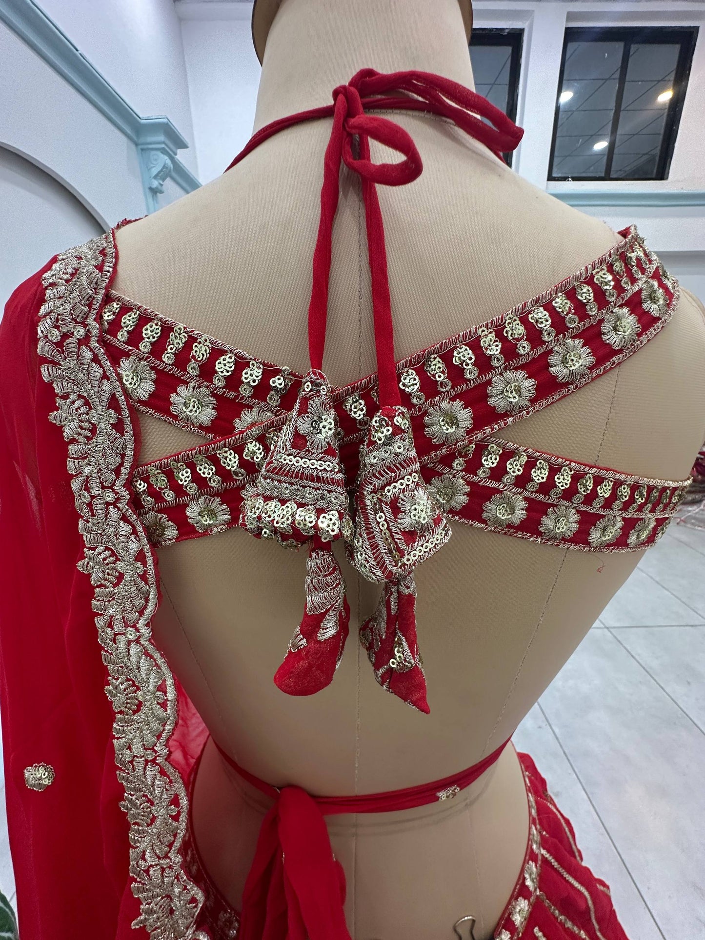 Bridal Red Zari And Sequins Embroidered Layered Lehenga Choli Set With Dupatta