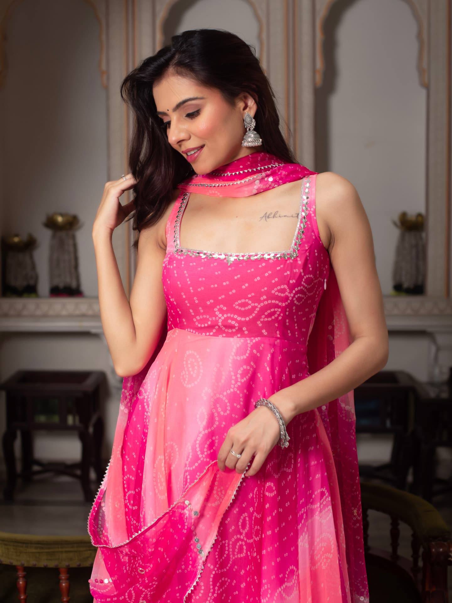 Pink Shaded Bandhani Print Anarkali Kurta Set With Real Mirror Work And Dupatta