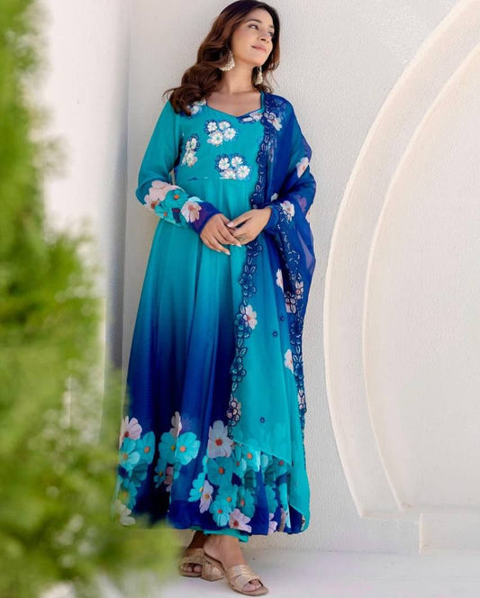 Teal Blue Floral Anarkali Suit With Organza Dupatta And Pant