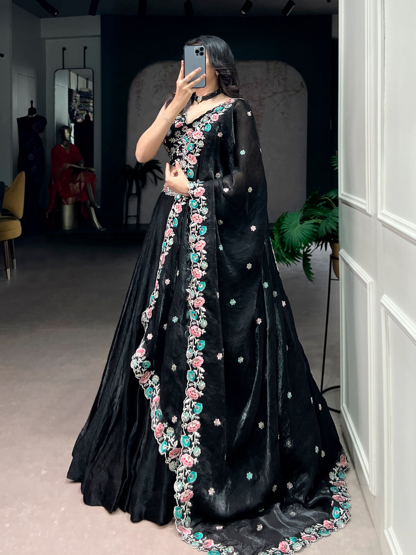 Black Embroidered Floral Lehenga Choli With Matching Dupatta