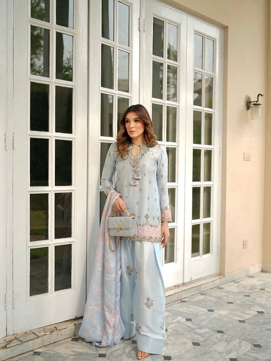 Embroidered Farshi Salwar Suit With Tassel Neckline And Dupatta