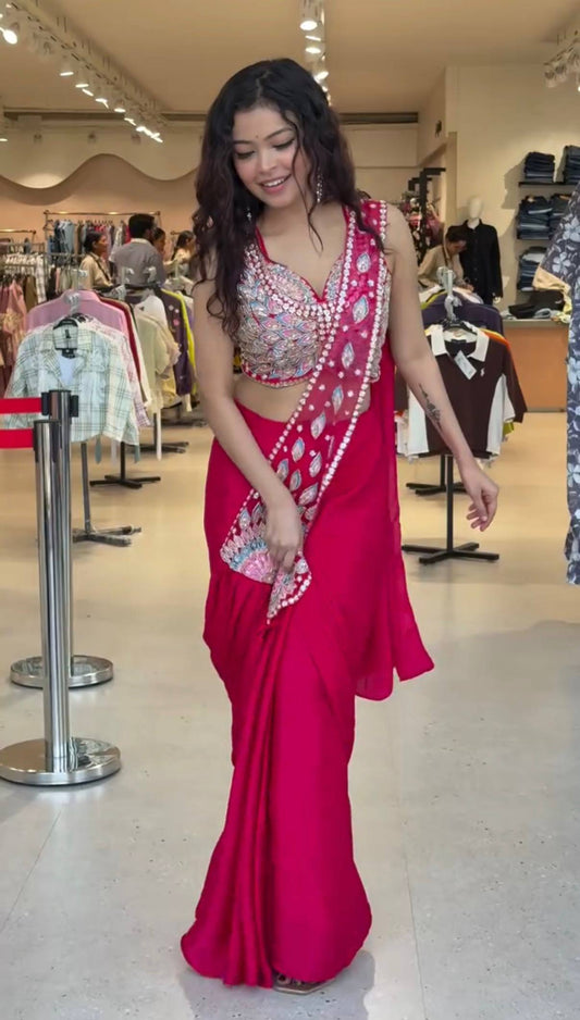 Red Pre-Draped Saree And Multicolour Embroidery Blouse