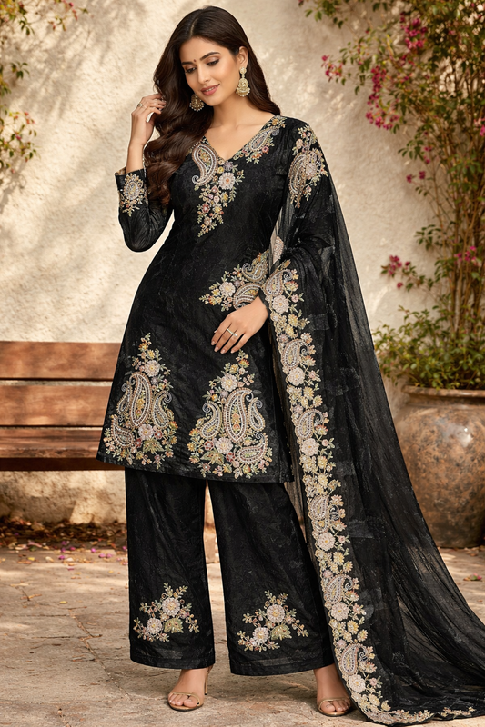 Floral-Paisley Thread Work Kurta Set With Flared Palazzo