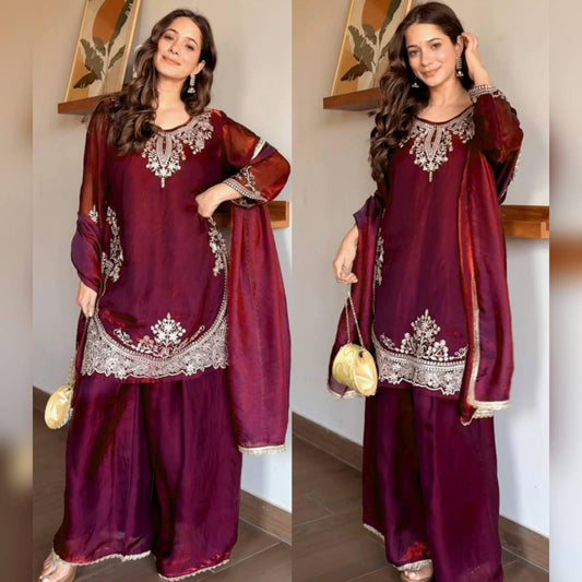 Wine Palazzo Suit With Silver Embroidery