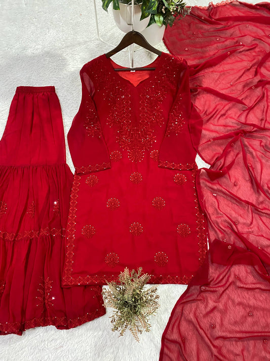 Red Sharara Suit With Embroidery Work And Dupatta