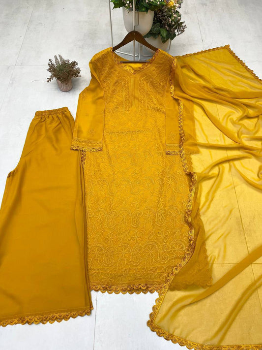 Mustard Yellow Chikankari Kurti With Lace Detail And Full Length Ethnic Wear