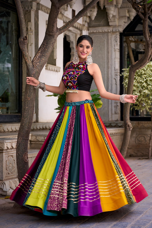 8 Meter Ultra Flair Multicolor Panelled Lehenga Choli With Gamthi Mirror Work Halter Blouse