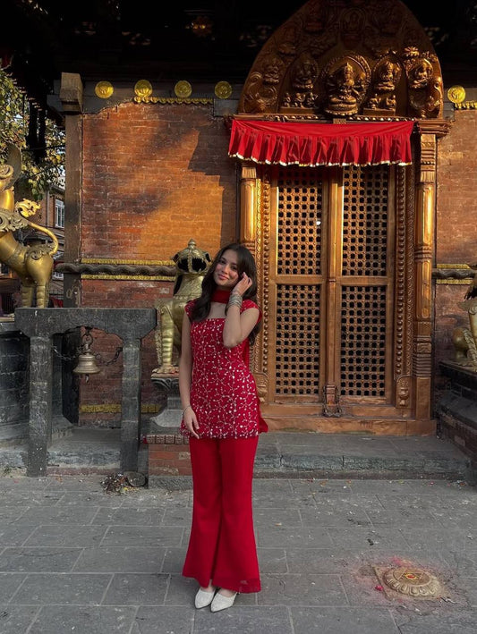 Red Embroidered 90's Style Iconic Set