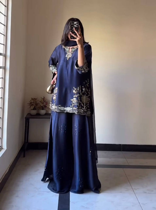 Navy Blue Satin Silk Sharara Suit Set With Gold Zari Floral Embroidery