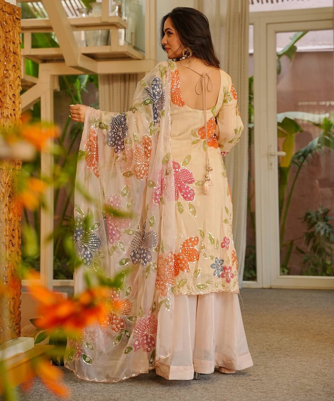 Cream Multicolor Floral Sequin Embroidered Sharara Suit Set
