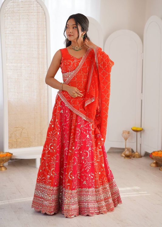 Orange-Red Dual Tone Embroidered Lehenga Choli Set With Sequin Dupatta – Bridal Festive Wear