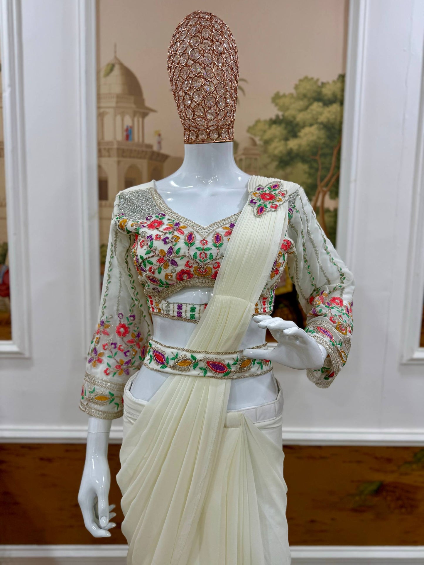 White Draped Ready-To-Wear Saree With Floral Embroidered Blouse