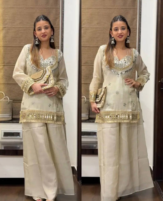 White Silk Sharara Suit With Real Mirror Work And Gold Lace Work