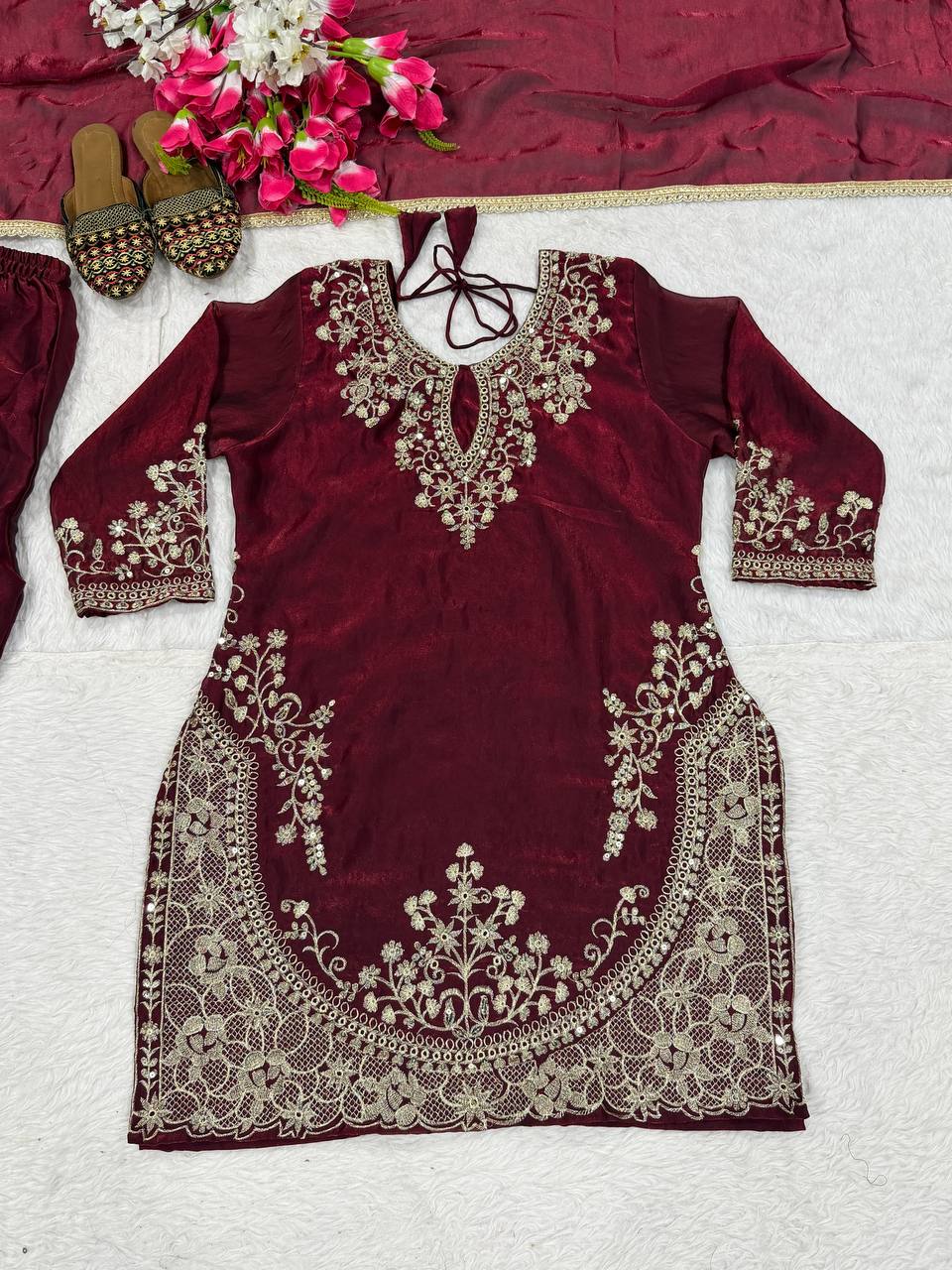 Wine Palazzo Suit With Silver Embroidery