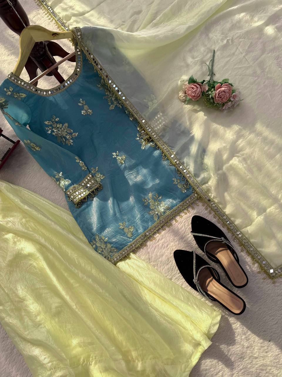 Ice Blue Embroidered Kurta With Plazo And Dupatta – Festive Contrast Set