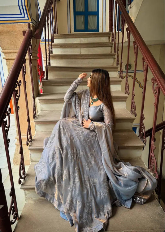 Elegant Grey Embroidery Anarkali Suit With Silver Sequined Dupatta
