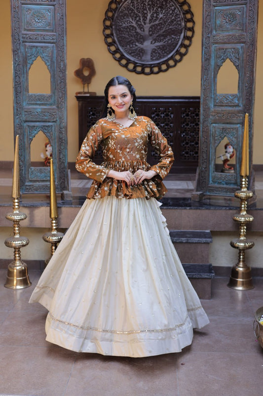 Rust Gold Floral Embroidered Peplum Top With Off-White Lehenga Skirt Set
