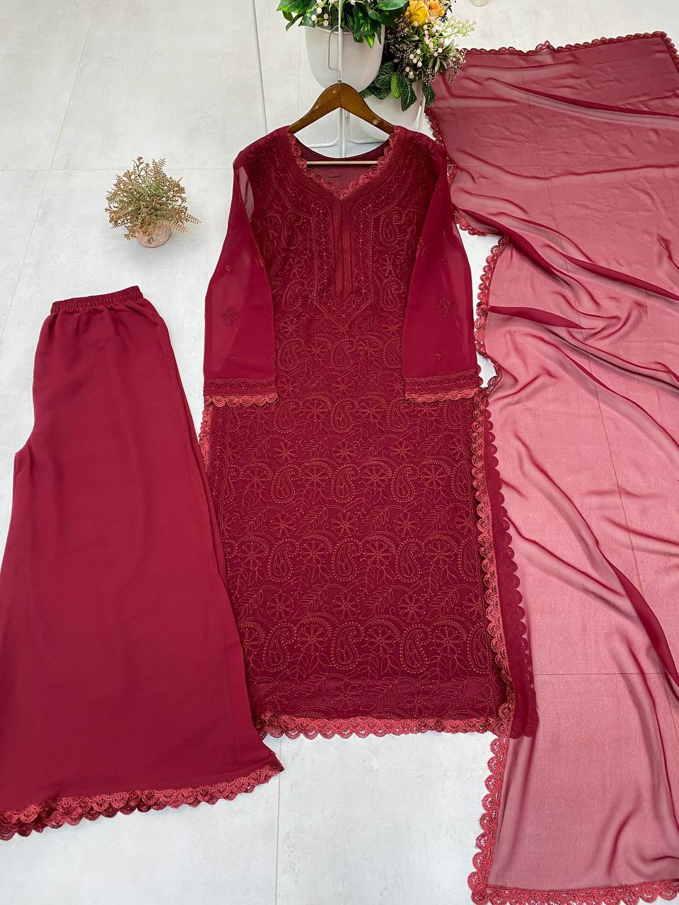 Maroon Chikankari Kurti With Lace Detail And Full Length Ethnic Wear