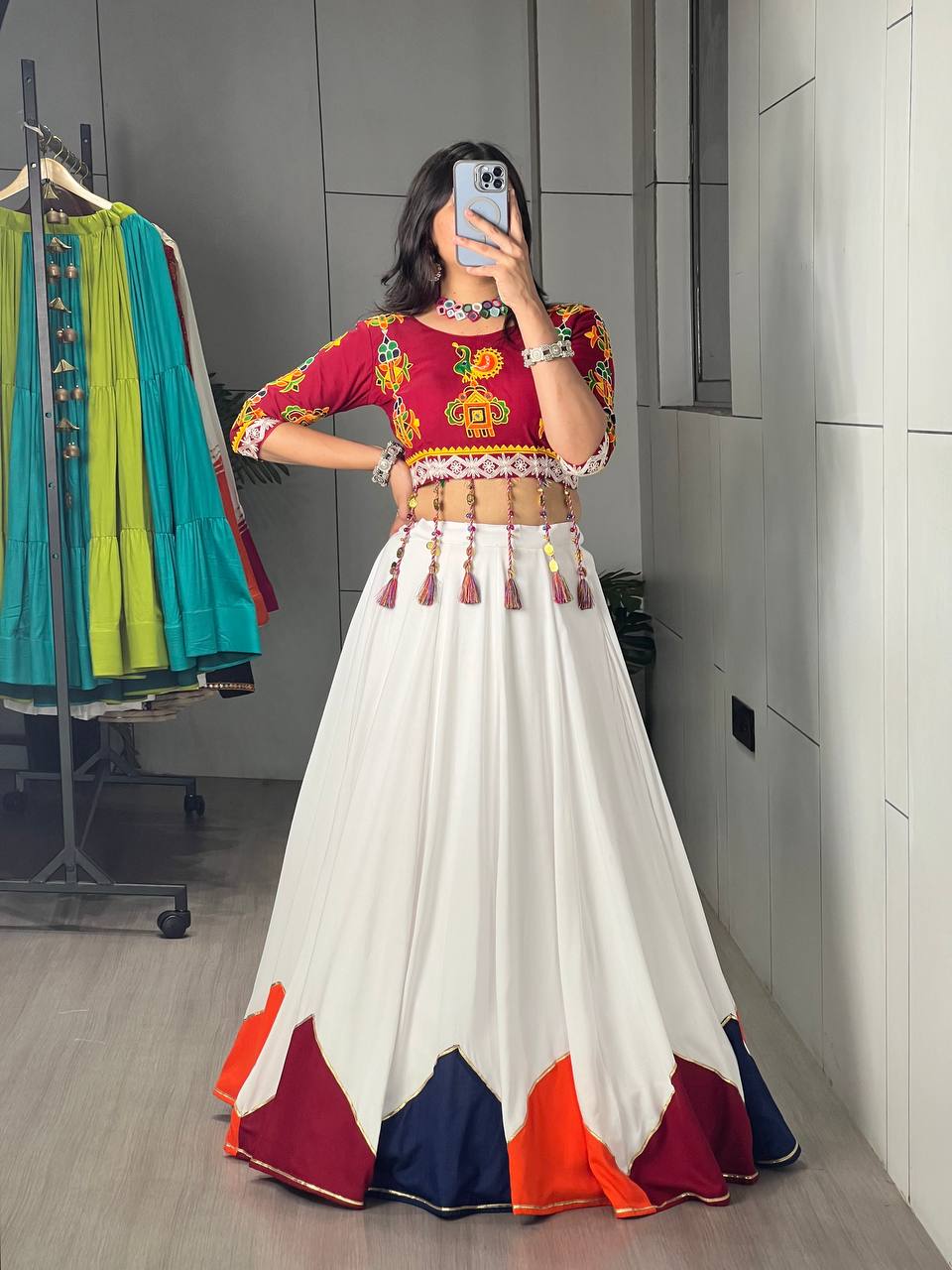 6 Meter Flair White Lehenga Choli With Embroidered Kediya And Multicolor Border