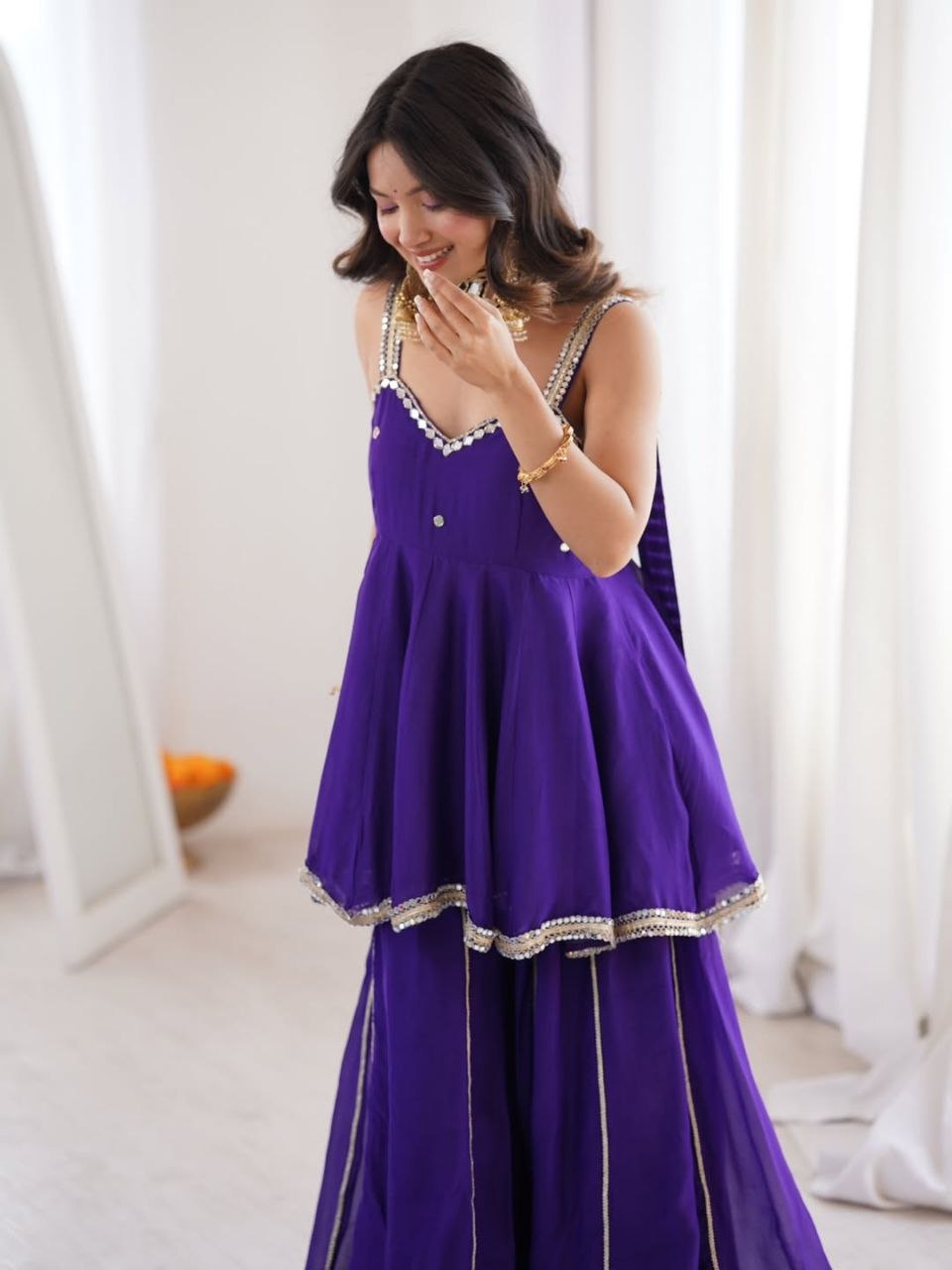 Royal Purple Plazo Set With Real Mirror Work