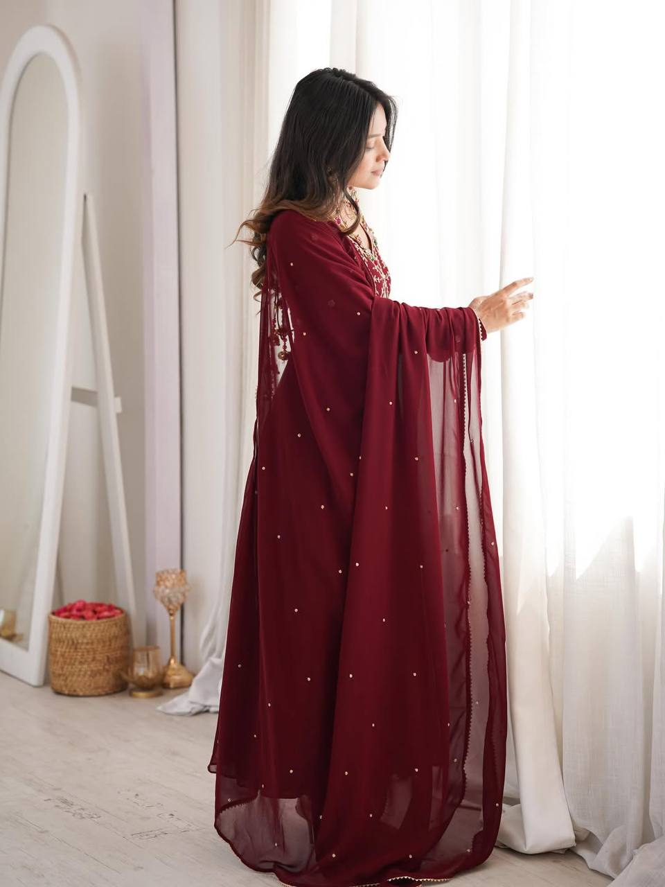 Maroon Anarkali Suit With Gold Embroidery And Dupatta