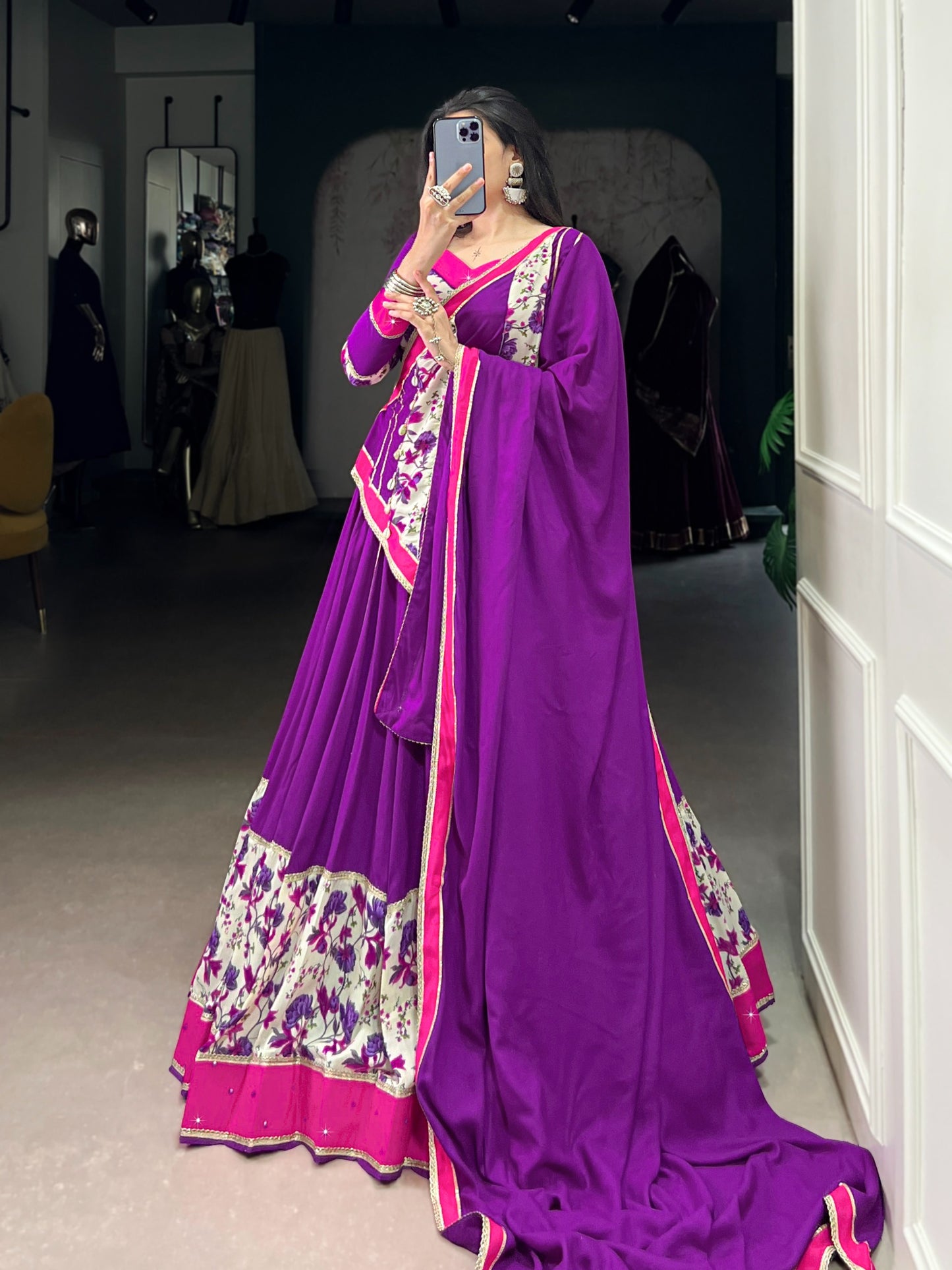 7 Meter Flair Purple Pink Floral Border Lehenga Choli With Printed Patchwork