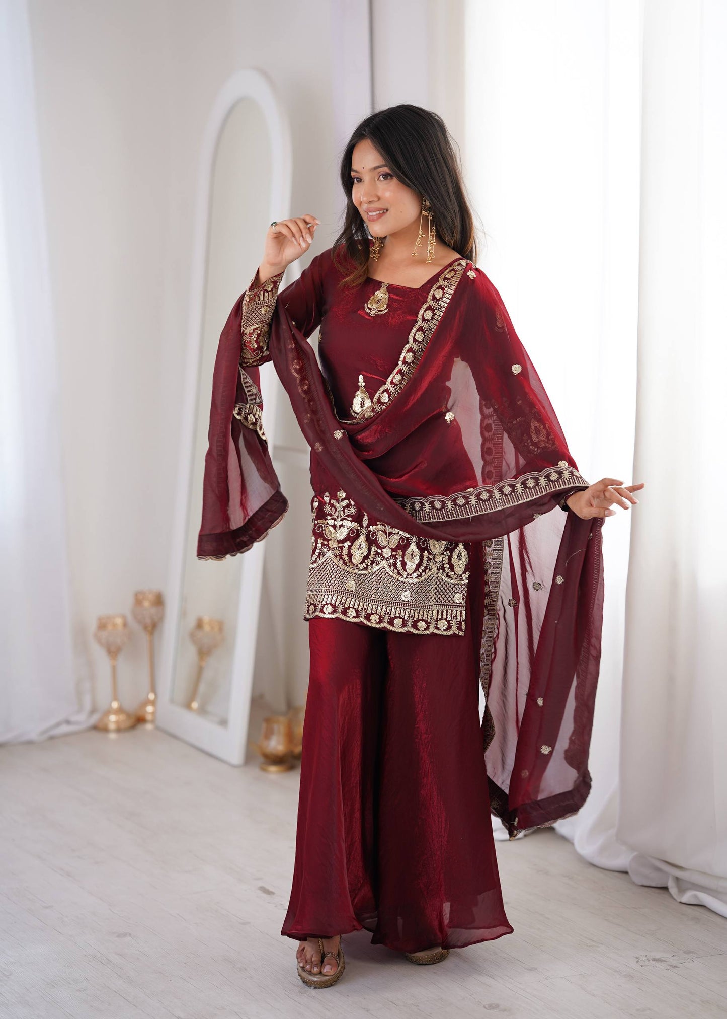 Maroon Embroidered Sharara Suit Set With Dupatta – Festive Ethnic Wear