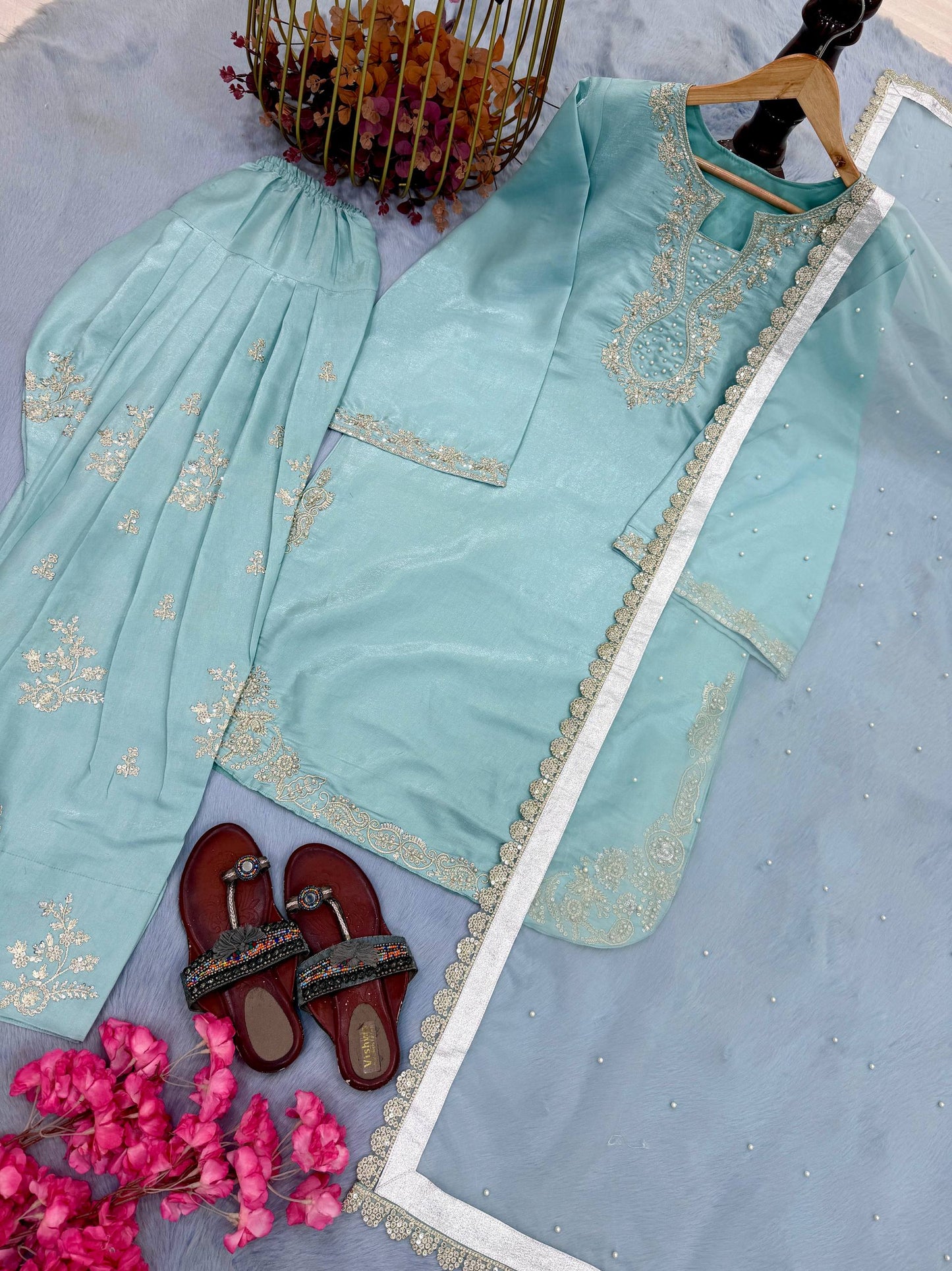 Light Blue Embroidered Moti Work Suit With Dupatta