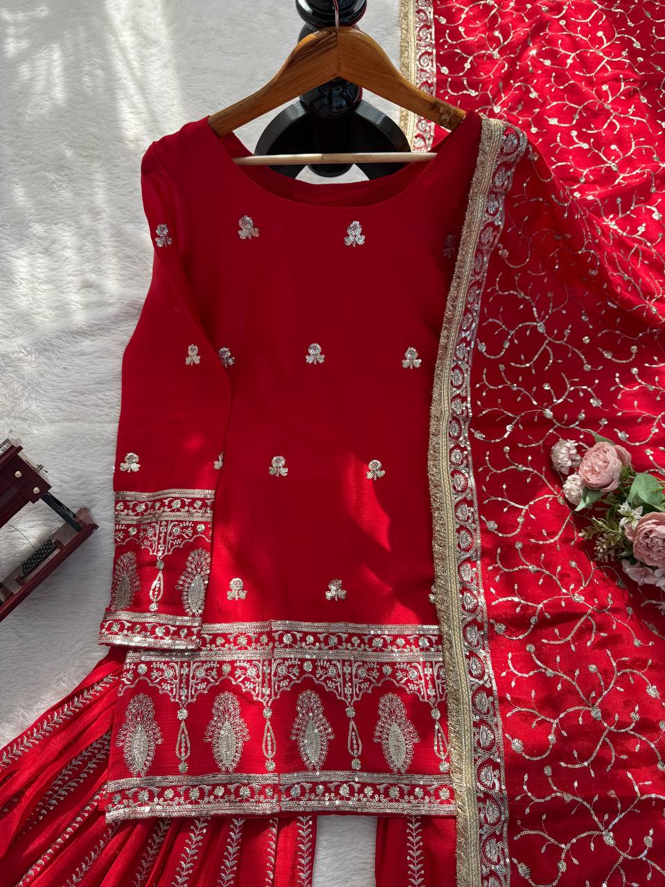 Red Sharara Suit With Gold Embroidery And Matching Dupatta 🎀