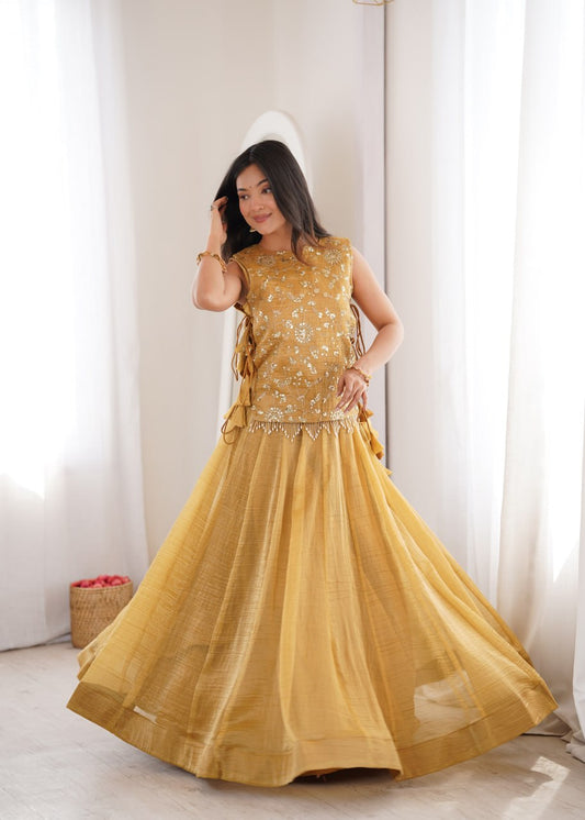 Zari Embroidered Sleeveless Top With Flared Lehenga Set