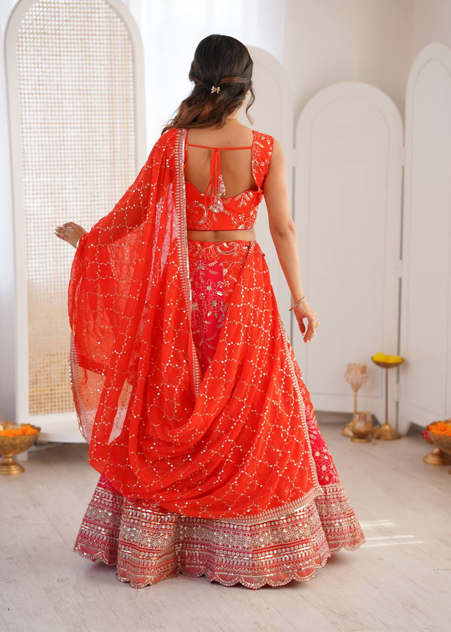 Orange-Red Dual Tone Embroidered Lehenga Choli Set With Sequin Dupatta – Bridal Festive Wear