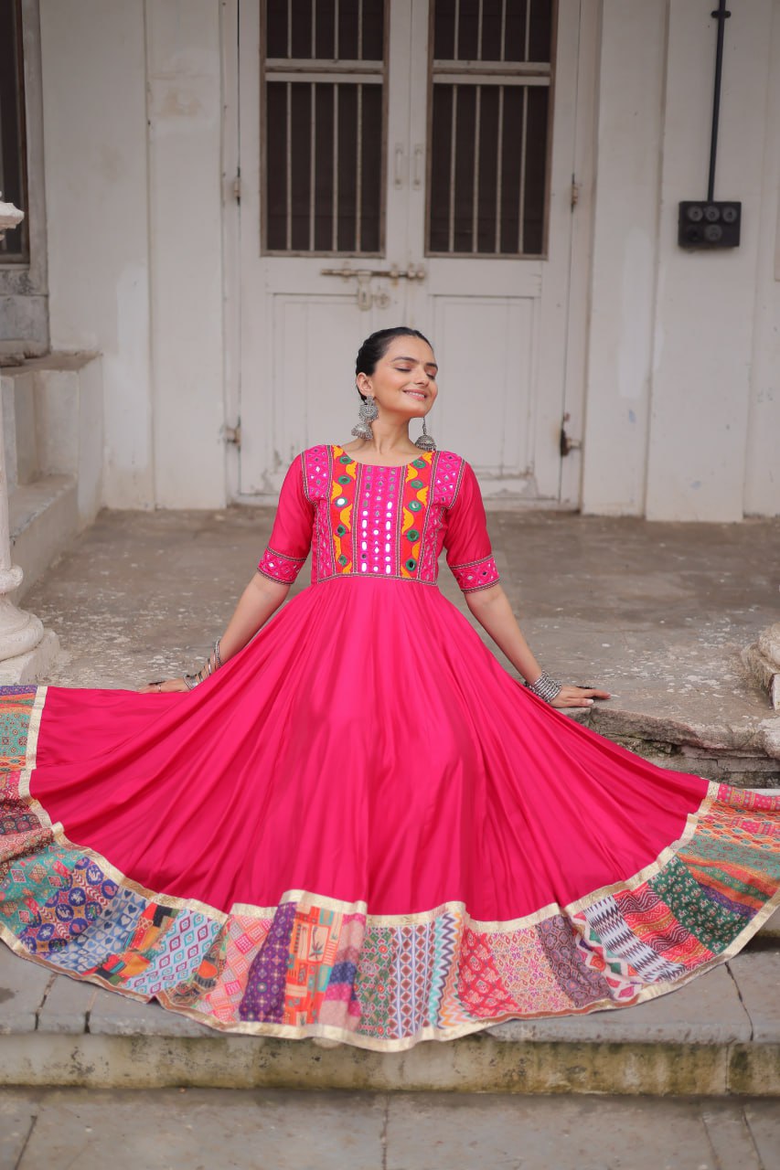 Gamthi Mirror Work Anarkali Gown With Multicolor Kutchi Patch Border