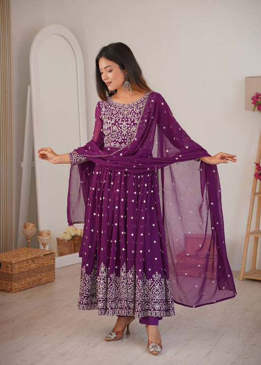 Purple Faux Georgette Anarkali Suit With Designer Embroidery