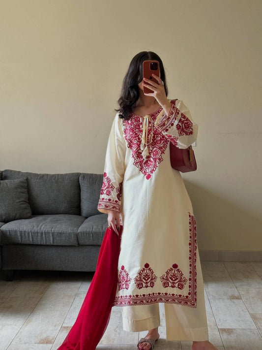 Cream Embroidery Suit With Red Dupatta And White Pants
